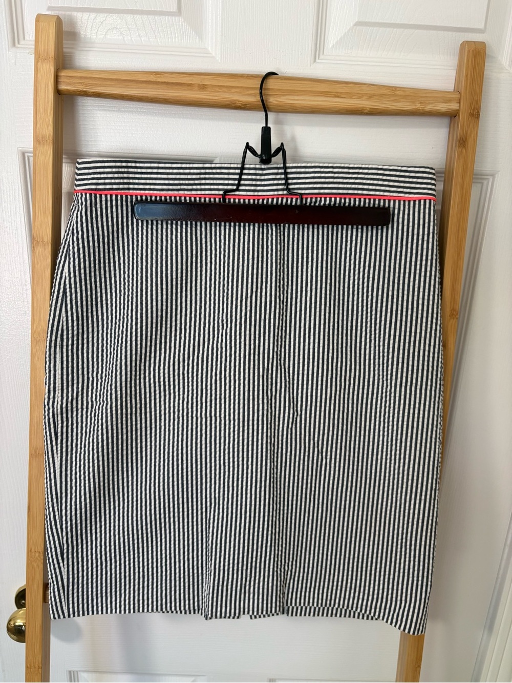 J. Crew Black & White Striped Pencil Skirt with Pink Waist Trim